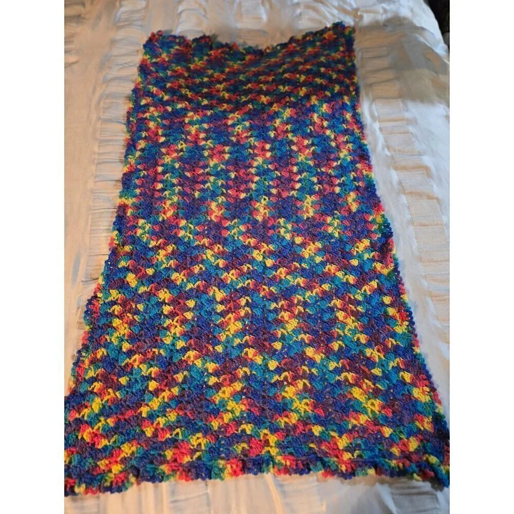 Vintage Handmade Colorful Knit Throw Blanket Pink Yellow Blue